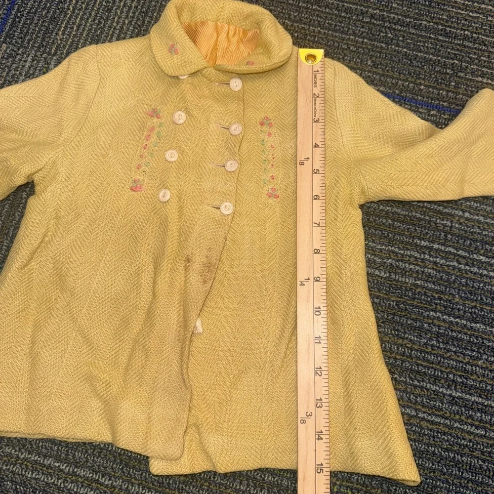 Vintage Herringbone Coat Kids 2T Yellow Fair Embroidered Double Breasted Retro